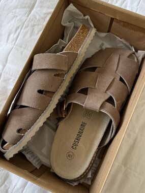 CUSHIONAIRE Taupe Suede Woven Slide Sandals